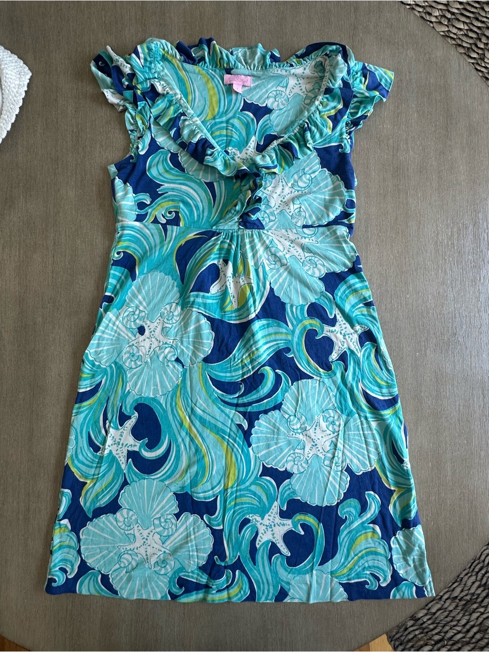 Lilly Pulitzer Aqua & Navy Floral Ruffle V-Neck Midi Dress - Picture 3 of 7